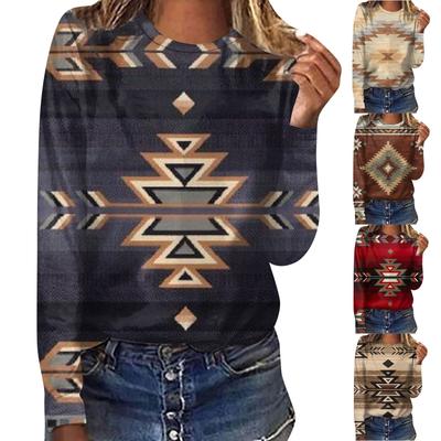 Lässiges, modisches, langärmliges Pullover-Top mit O-Ausschnitt für Damen mit ethnischem Aufdruck