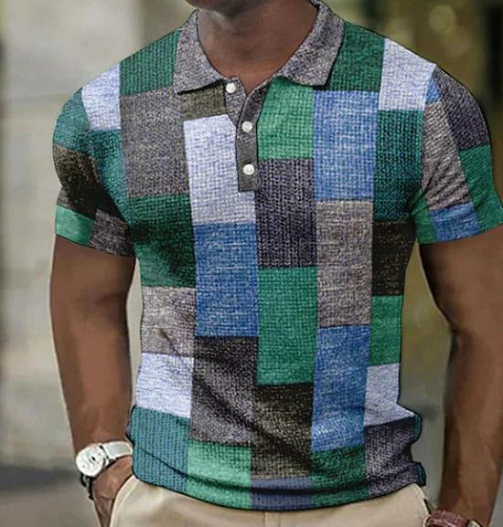 Summer Men's 3D Print Polo Shirt with Plaid and Geometric Patterns