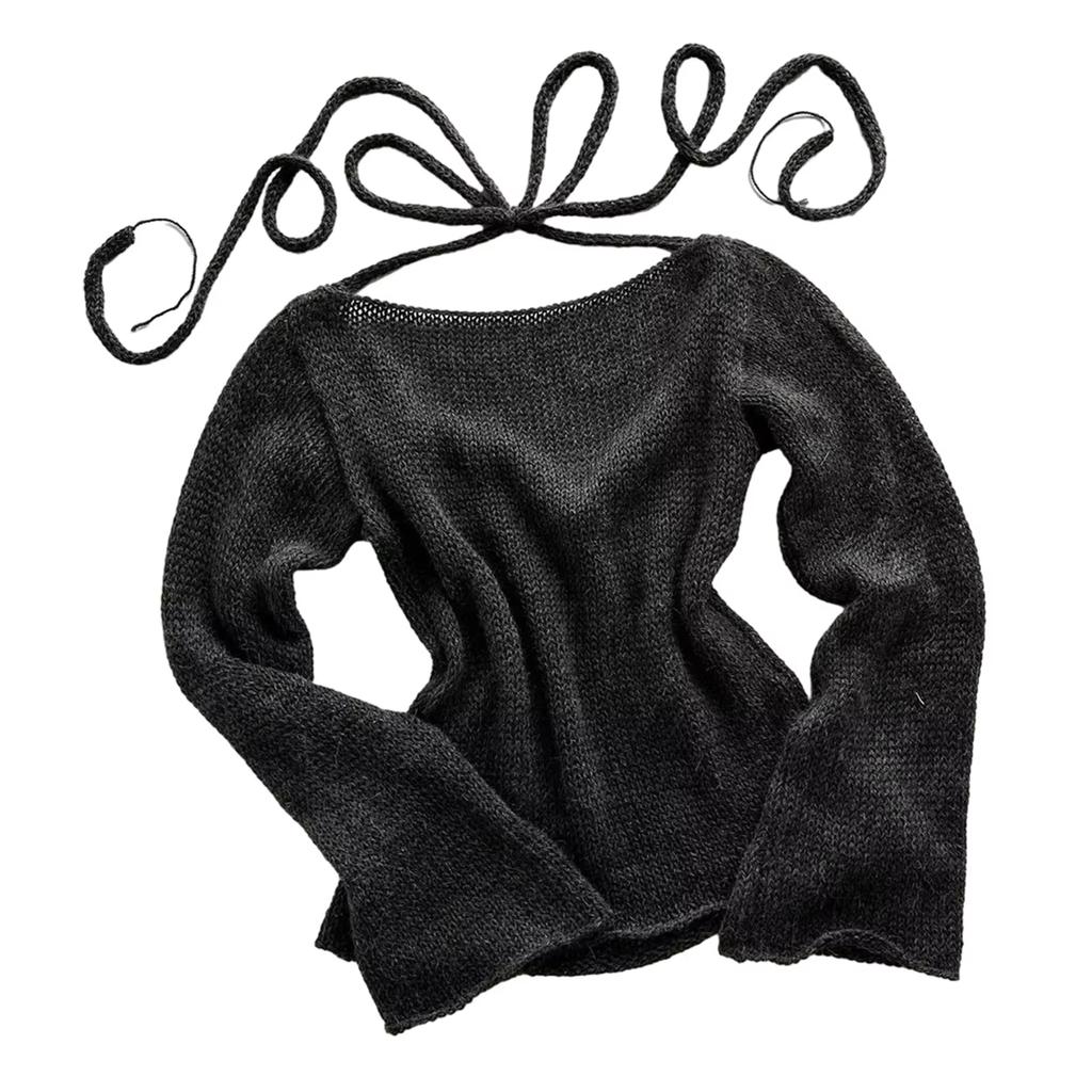 Women's Flared Sleeve Knit Top Fashion Lace Up Backless O Neck Pullover Sexy Solid Long Sleeve Sweaters Casual Tops