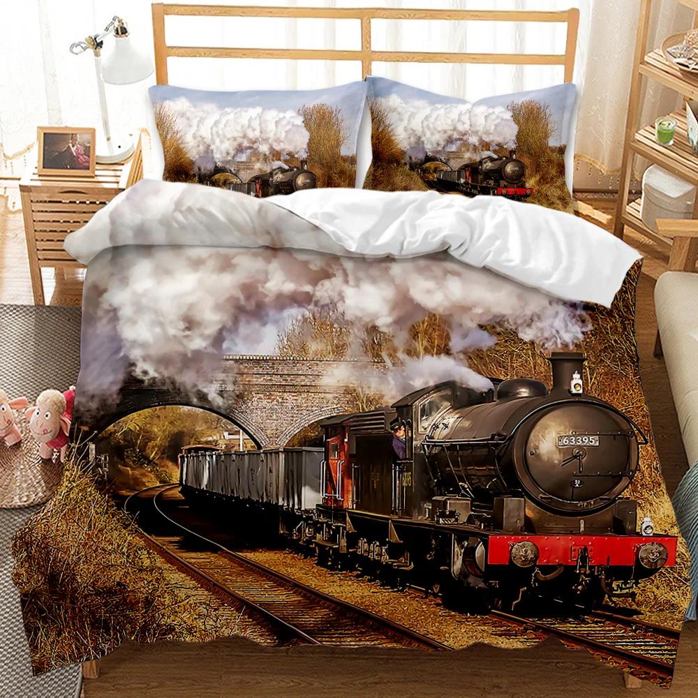 Steam Train Duvet Cover Digital Illustration Of A Locomotive Train On A Steel Railway Track Adventure Art Polyester Qulit Cover