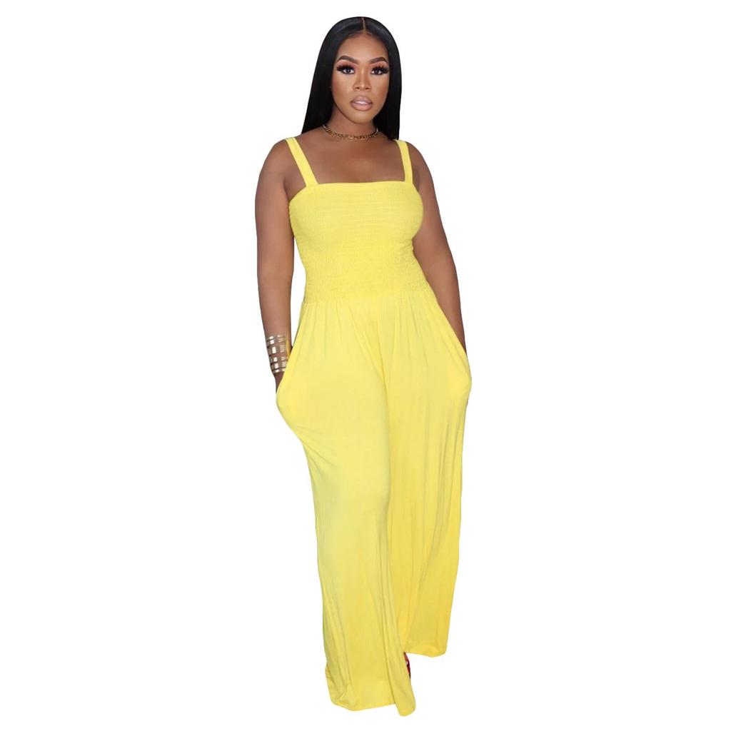 European & American Women's Solid Color Wide-Leg Suspender Jumpsuit