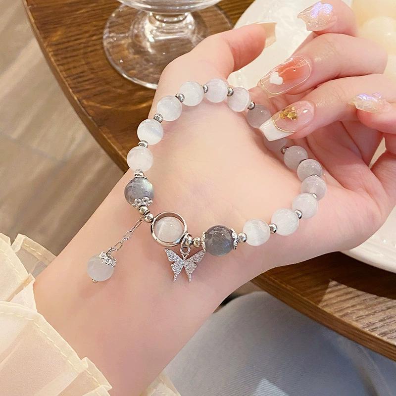 Women's Cat's Eye Crystal Butterfly Bracelet with Imitation Moonstone - Elegant Chinese-Inspired Design