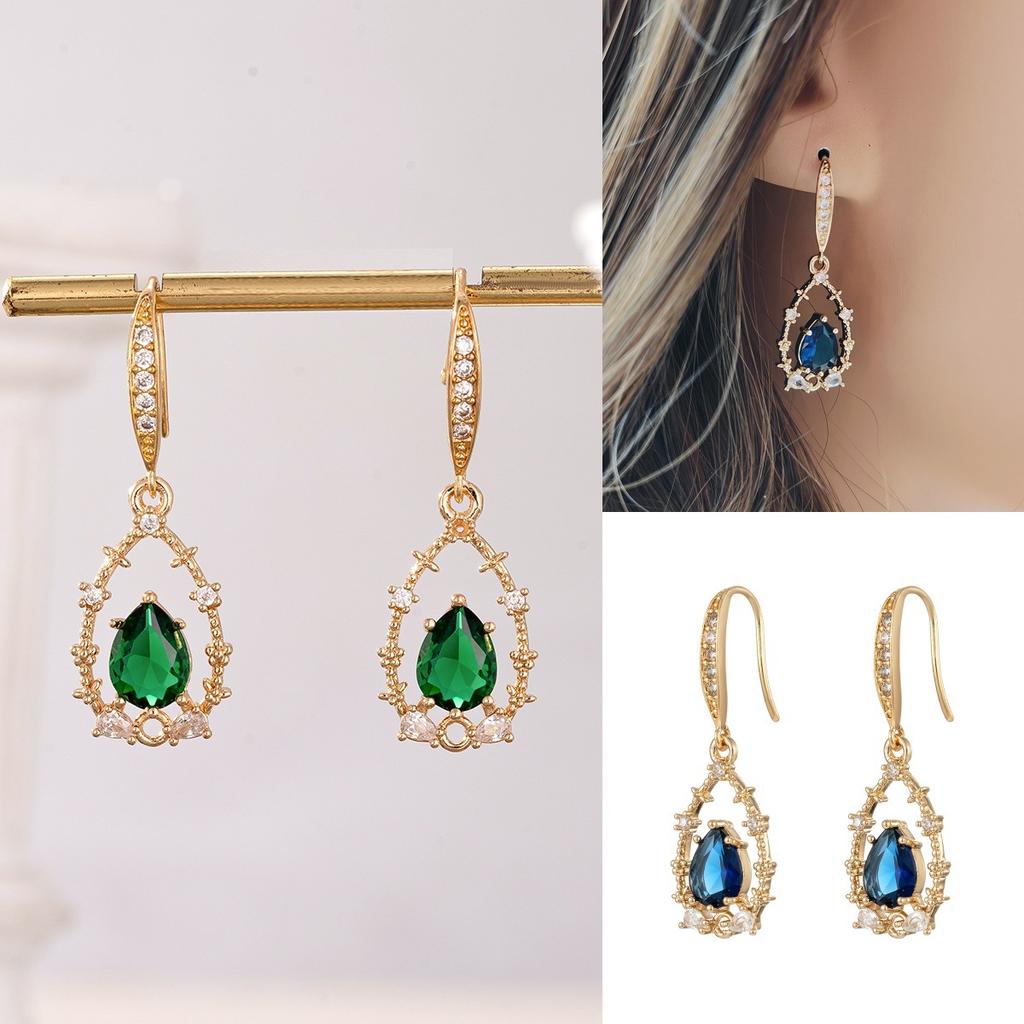 Luxurious Female Green/blue Zircon Earrings Vintage Bridal Wedding Earrings Classic Gold Color Small Drop Earrings for Women