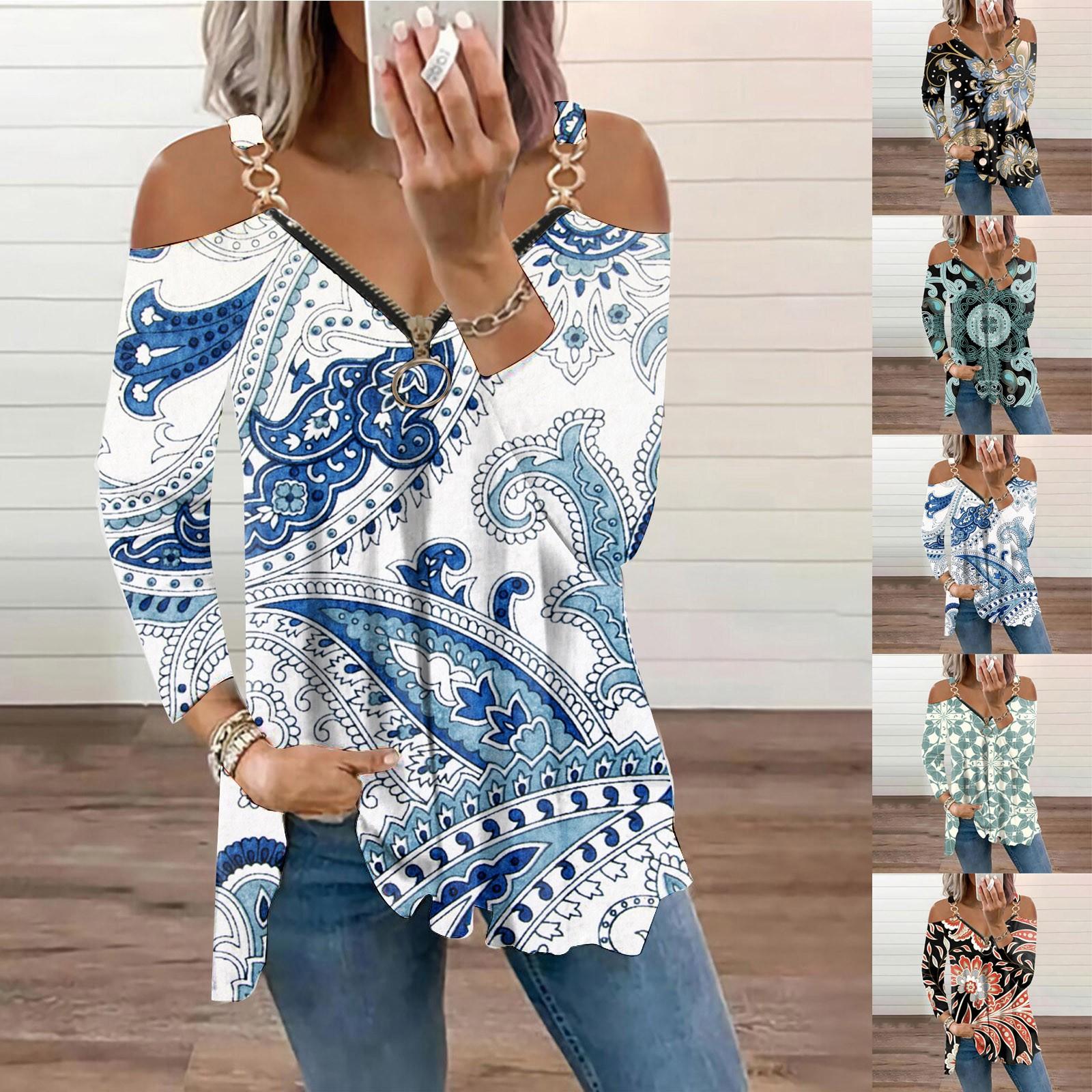 

Женская мода Повседневная печать Подвеска Молния с плеча Длинный рукав Топ