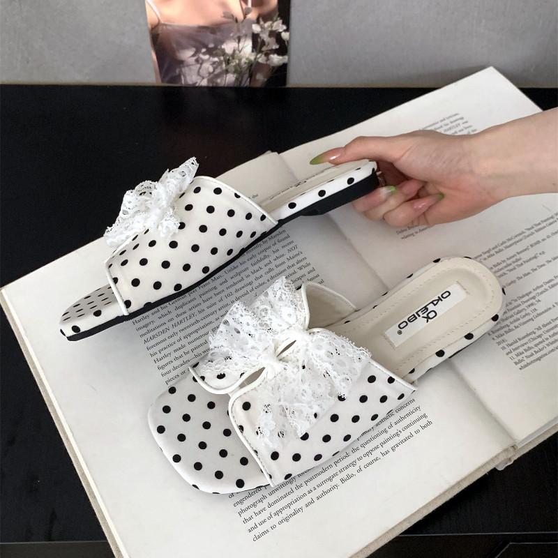 Fashion Vintage Lace Bow Decoration Brand Flat Slippers Women Fashion Square Toe Polka Dot Soft-soled Shoes Summer Comfort Beach Sandals