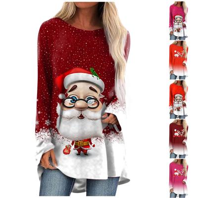 Autumn And Winter Women's Casual Fashion Christmas Printed Long Sleeve Midi Top Dressy Shirt Pullover