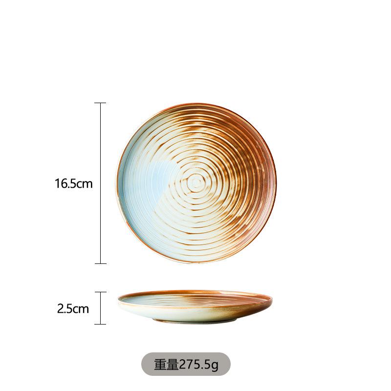 Japanese Ceramic Tableware Household Shallow Plate Coarse Pottery Retro Threaded Creative Fruit Plate Salad Plate Arrangement Plate Pasta Plate