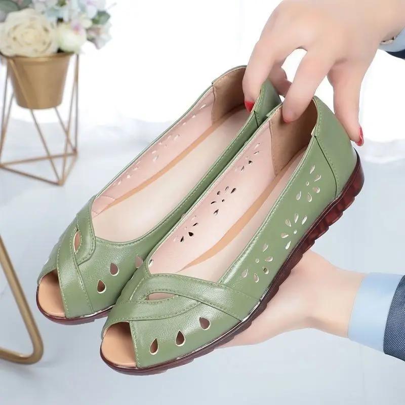 2025 Newly Cutout Leather Sandals Woman Fashion Peep Toe Wedge Summer Shoes Ladies Slip On Hollow Out Loafer Sandal Mom's Shoes