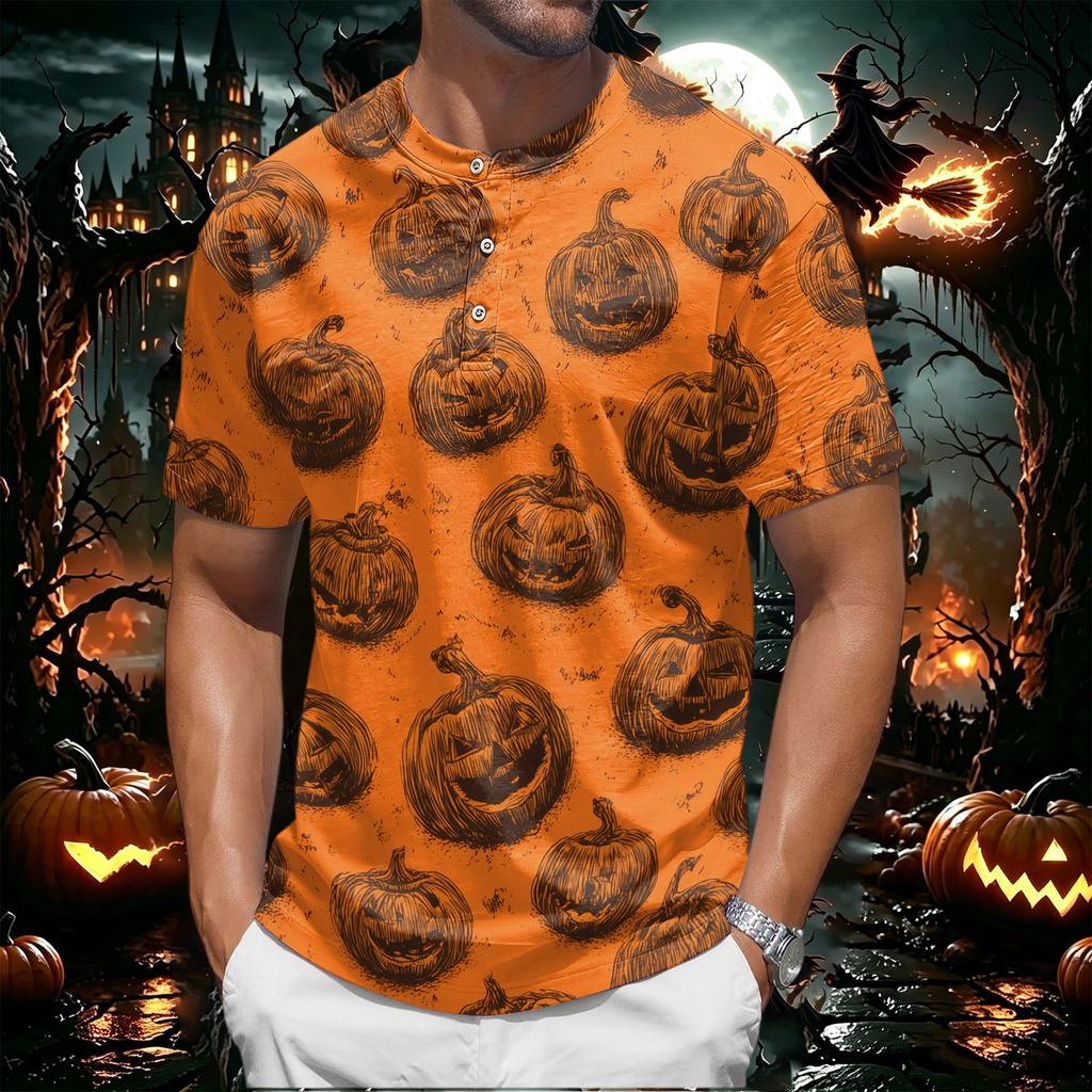 Men's Halloween Print Short Sleeve Henley Shirt Casual Round Neck Tee with Button Detail Suitable for Seasonal Wear