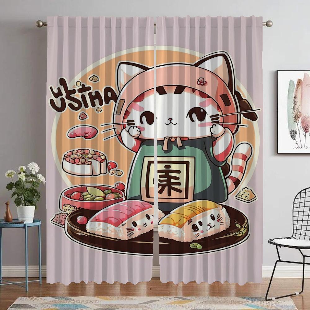 Kitchen Curtains for Camera Sushi Cat Home Interior Curtains for Living Room Halloween Decoration Blackout Curtain Partition