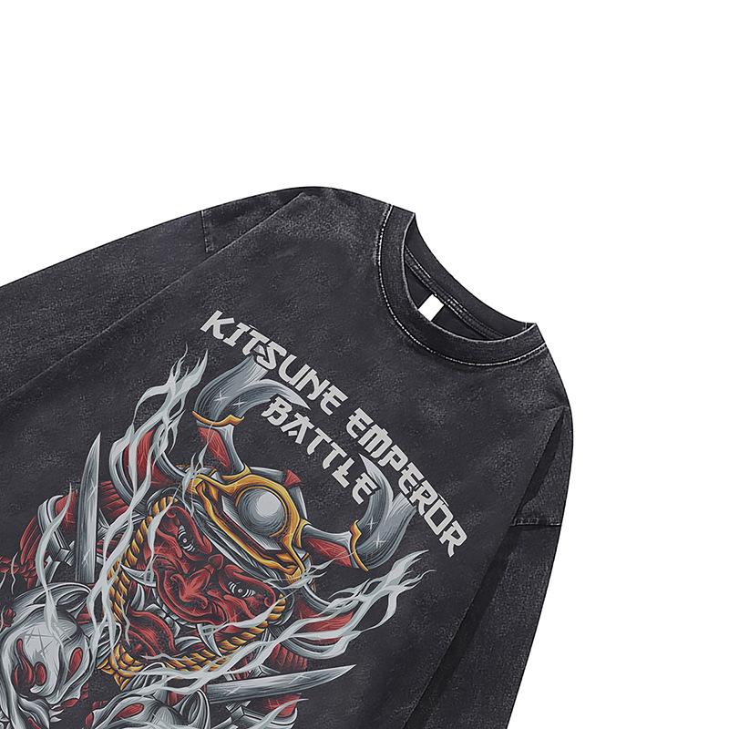 Retro Street Trendy Brand Washed Long-Sleeved T-Shirt Dark Cartoon Direct Injection Printing Bottoming Shirt Top