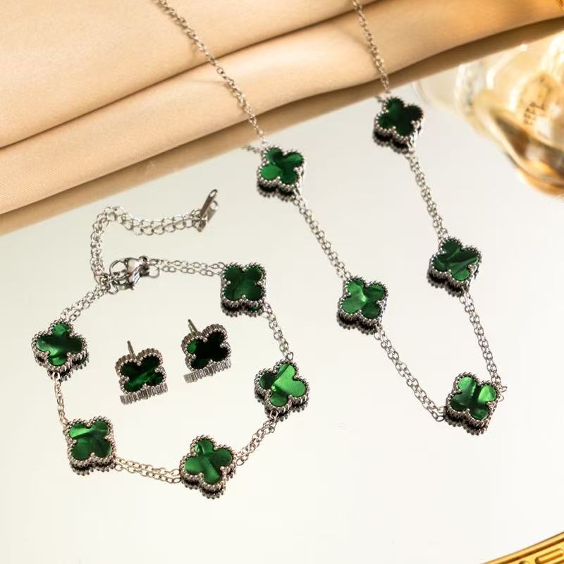 3PCS Titanium Steel Double-sided Clover Necklace Bracelet Earring Set