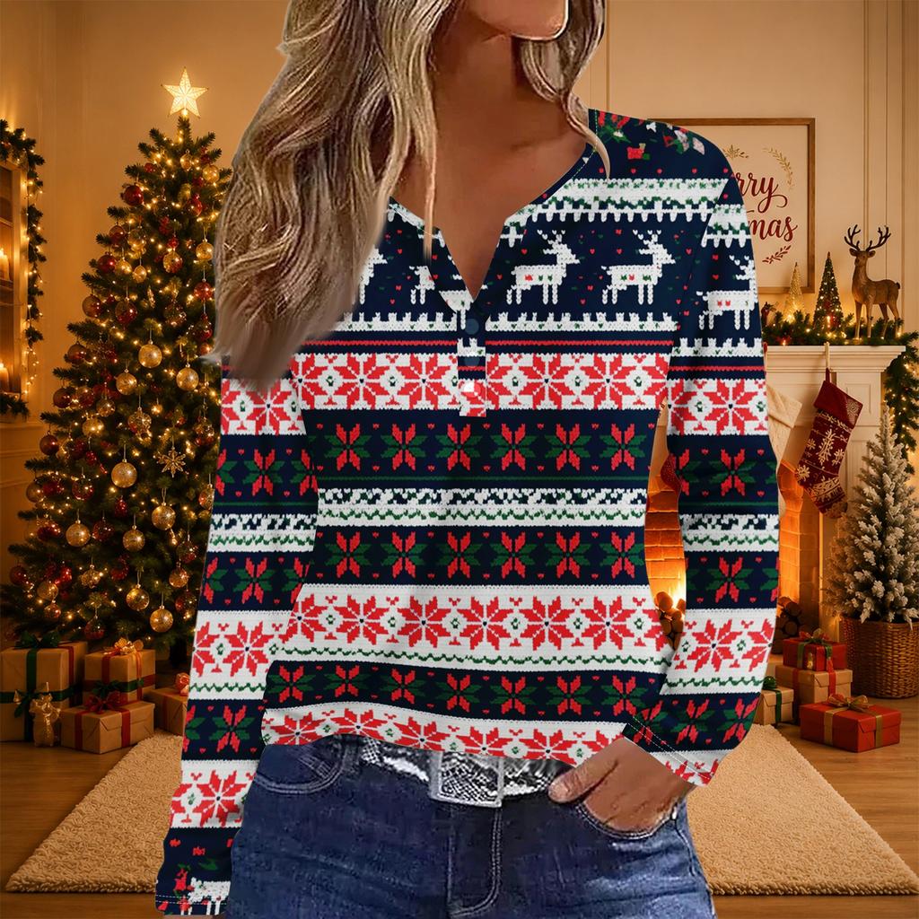 Women's Casual Christmas Print Neck Top with 3/4 Sleeve
