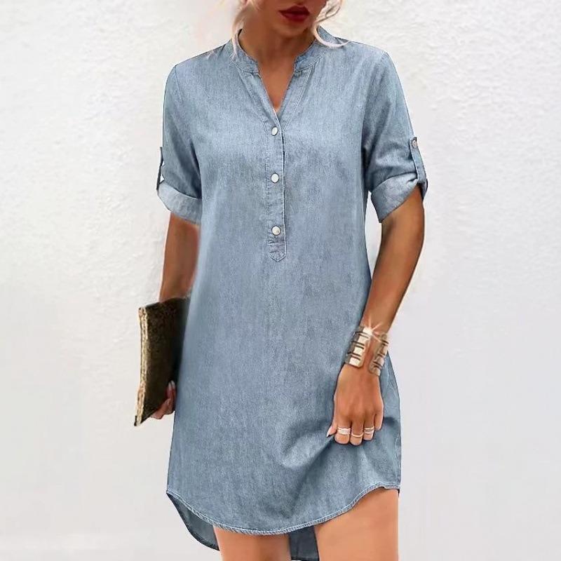 GMXIA Abiti casual da donna alla moda per estate e primavera, tinta unita, stampa, scollo a polo, manica corta