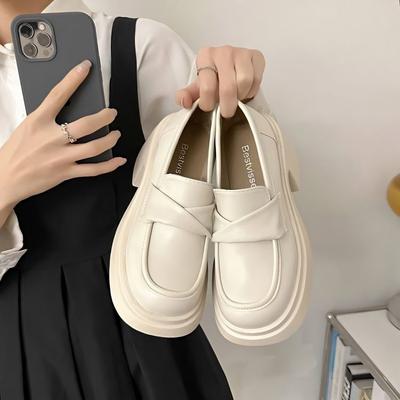 Plateforme talon épais blanc français talons hauts femme 2025 nouveau printemps et automne britannique polyvalent Mori mocassin petites chaussures en cuir