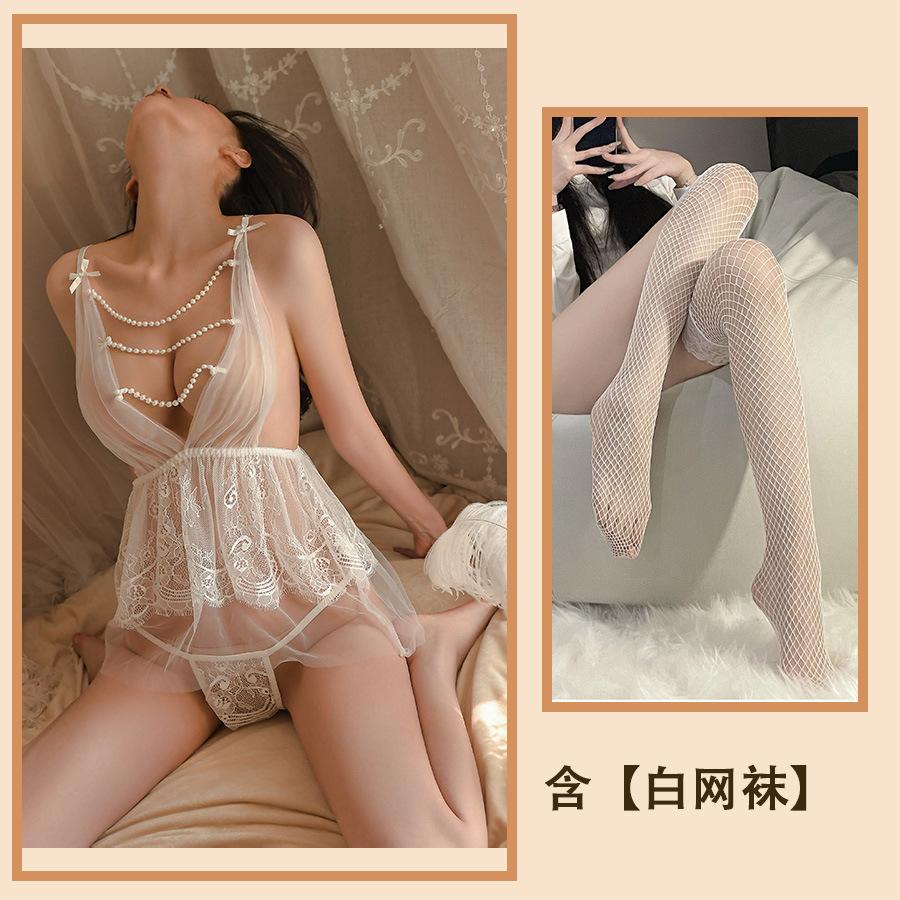 Sex Underwear Sexy Perspective Pure Desire Small Chest Open Gear Free Pearl Deep V Hot Temptation Hollow Nightdress