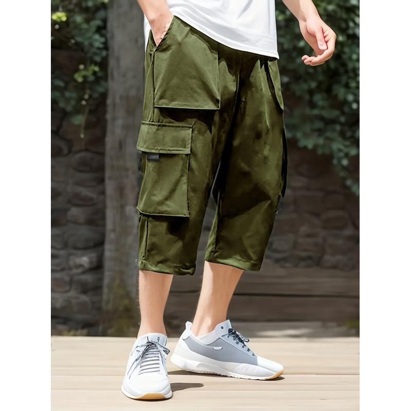 Grote Mannen Zwarte Cargo Shorts Elastische Taille Trekkoord 3/4 Lengte Broek