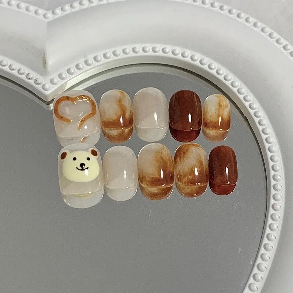 Cute Brown Bear Love Wearable Nail Patch Cartoon Girl Short Round Wearable Nail Patch Removable Nail Art