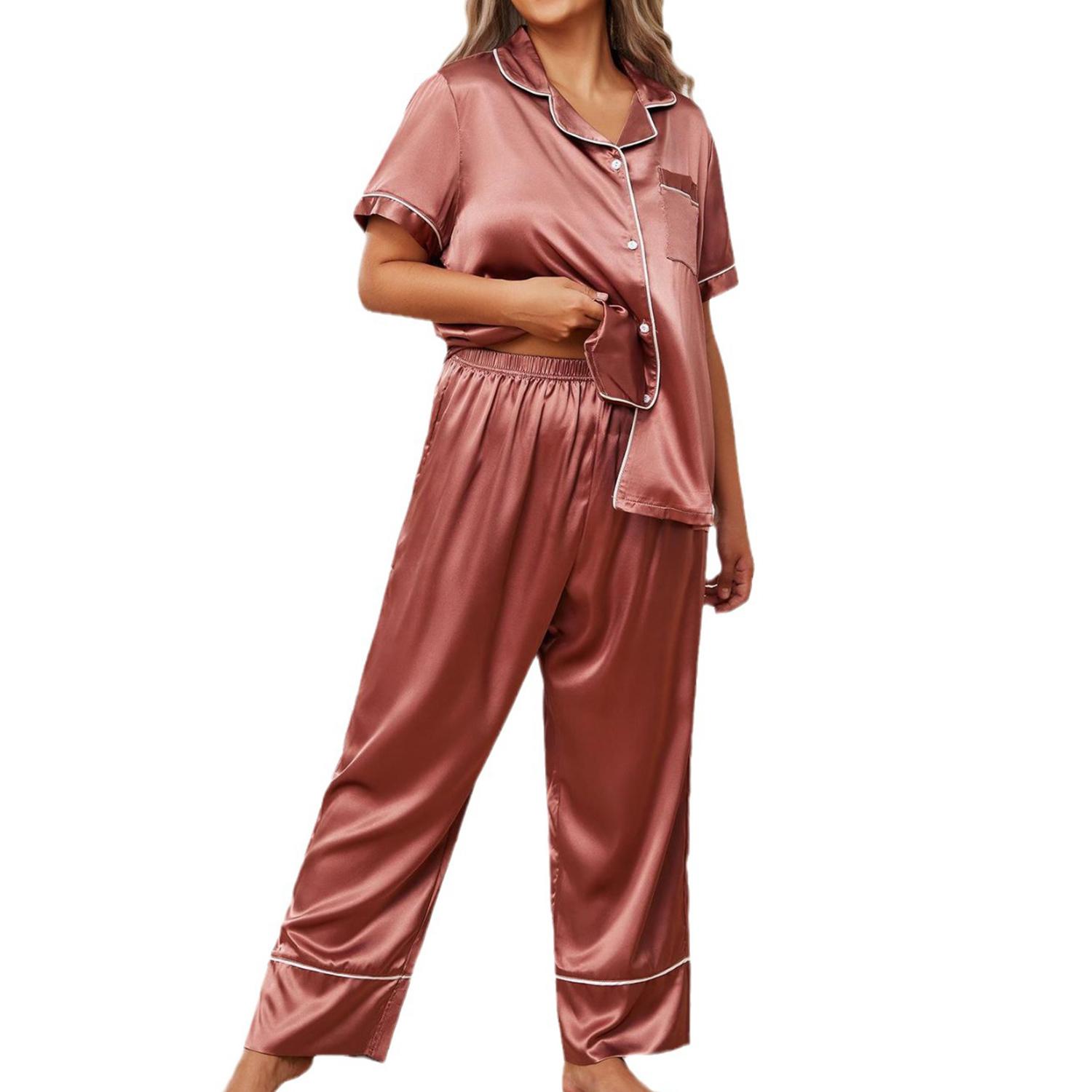 

Женские спальные костюмы больших размеров, рубашка и брюки из искусственного шелка, комплект атласных пижам большого размера, весна-лето, одежда для сна, домашняя повседневная одежда 4XL тёмно-рыжий