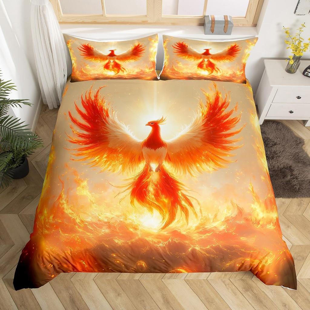 Colorful Phoenix Duvet Cover Set Cartoon Birds Bedding Set Full King Size Microfiber Flame Wings Comforter Cover For Boys Girls