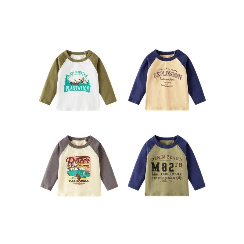 Kids Letter Raglan Sleeve T-shirt Spring and Autumn Boys' round Neck Car Bottoming Shirt Children Casual Long Sleeves Tops