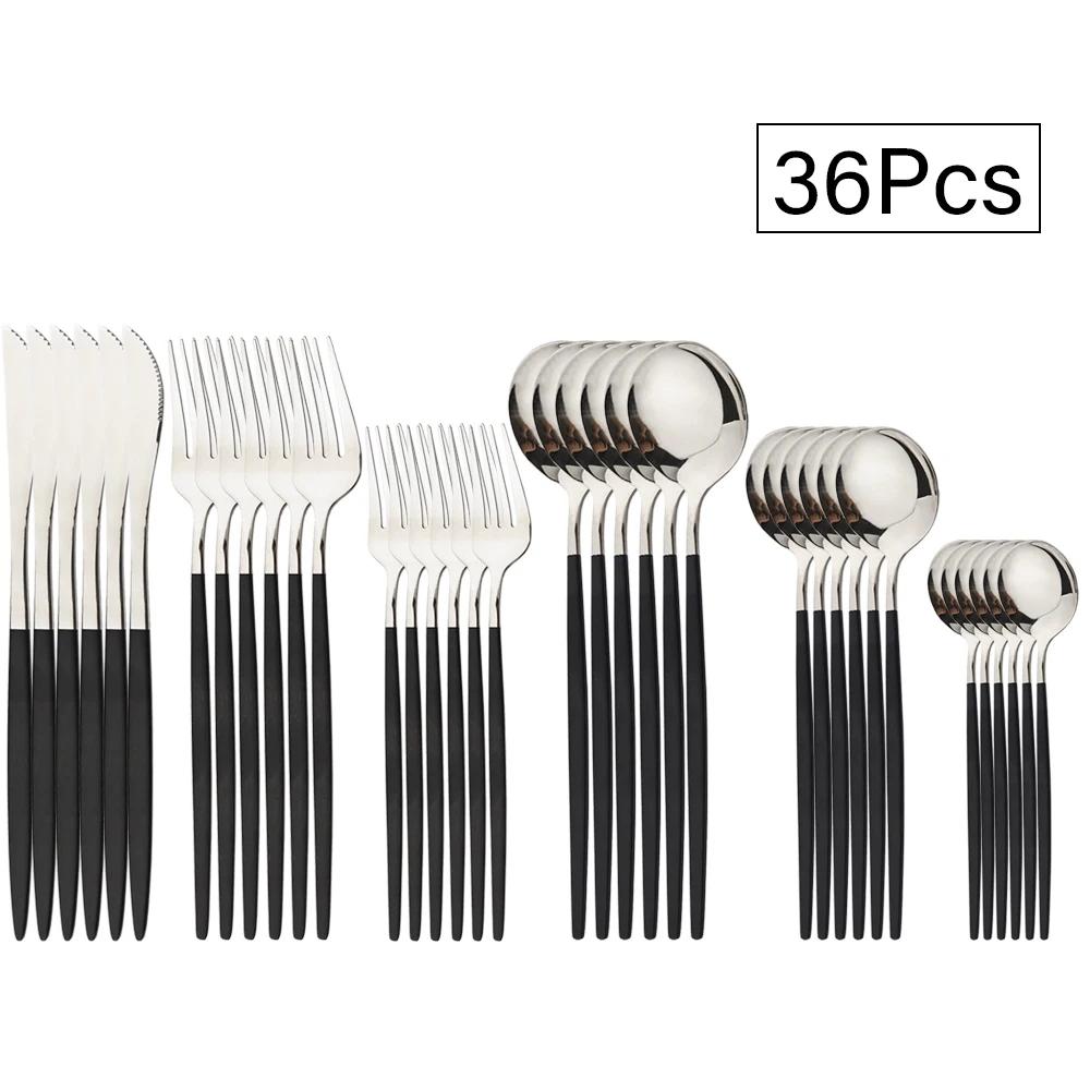 36Pcs Black Cutlery Sets Stainless Steel Knife Fork Spoon Tableware Dessert Mirror Flatware Set Festival Kitchen Dinnerware Gift