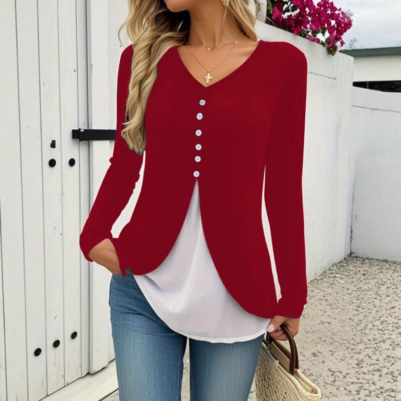 Spring and Autumn Women's New V-neck Women's Sexy Casual Contrast Color