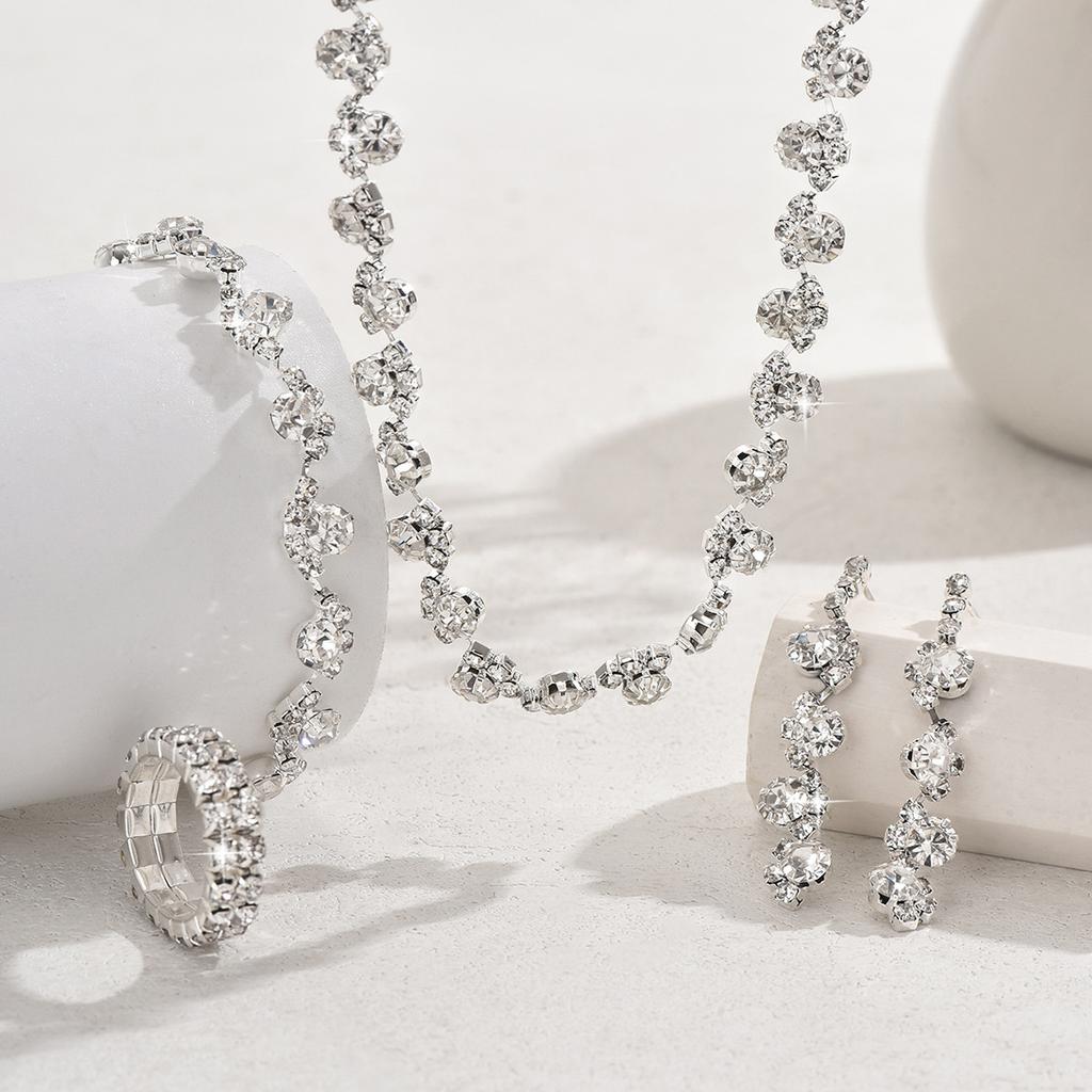 Bridal Set Five-piece Necklace Earrings Bracelet Ring Grab Chain Rhinestone Jewelry Banquet Jewelry