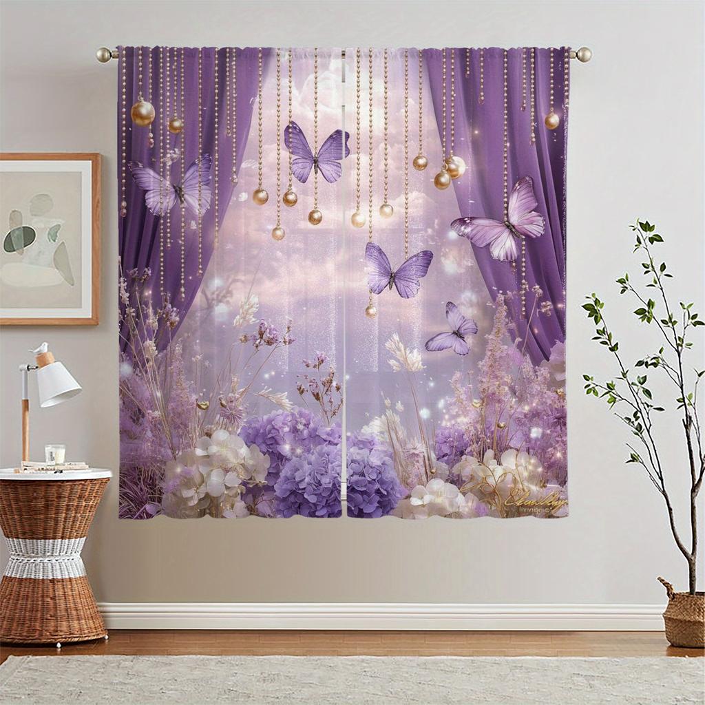 Lichtfilternde Lavendel-Blumen-Schmetterlingsvorhänge Goldene Perlen Schlafzimmer Wohnzimmer Esszimmer Dekor Vorhang-Set aus 2 Stück Polyester mit Stangentasche