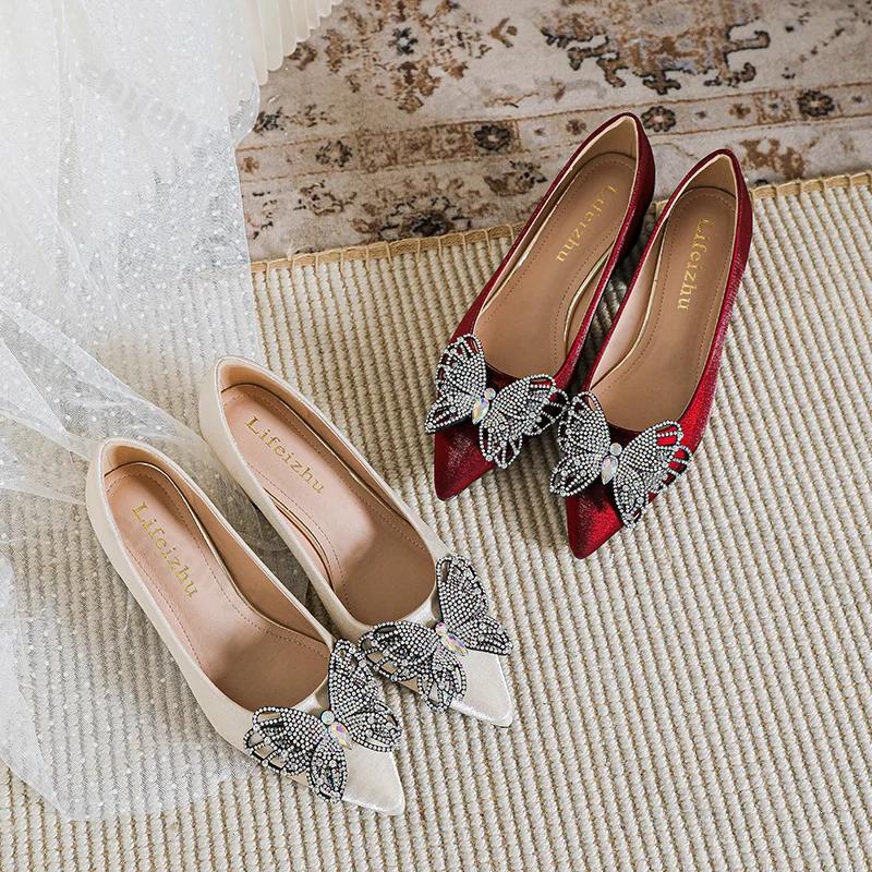 Fashion Women's High Heels Pointed Toe Sandals Sexy Burgundy Rheinstone Wedding Luxury Single Shoes for Banquets Shoes Butterfly 35-43