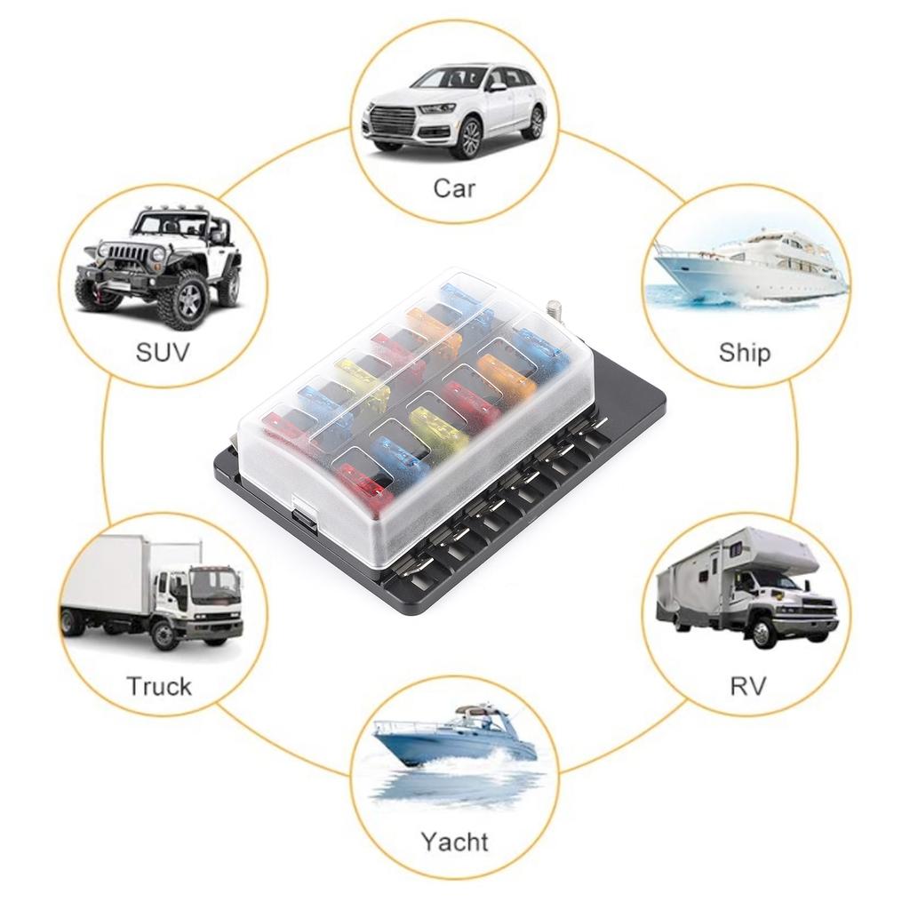 12‑Way Fuse Box Kit Blade Fuse Block Holder with LED Indicator for Car Truck Bus Marine Boat Yacht