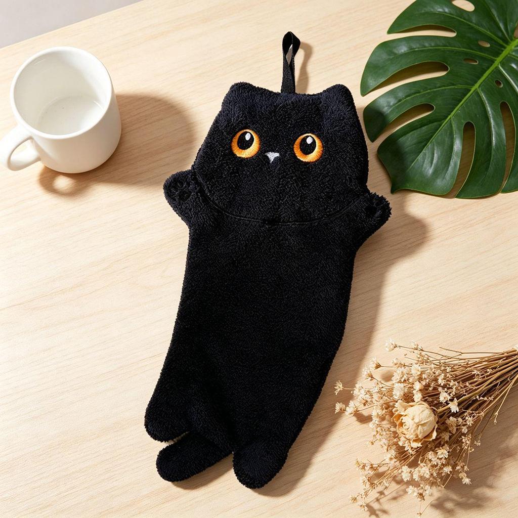 Wall-Mounted Black Cat Coral Fleece Hand Towel - Thick, Absorbent, Cute for Kitchen, Bathroom, Kids' Spaces.