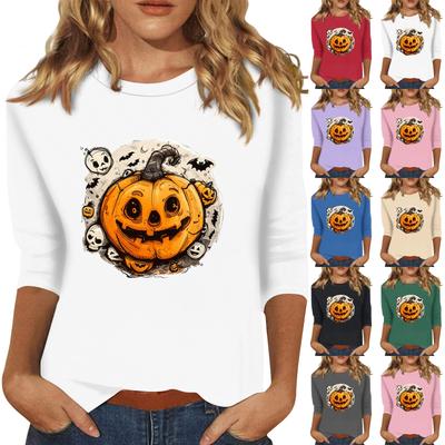 Damenmode Lässig Dreiviertelärmel Halloween-Print Rundhals-Top