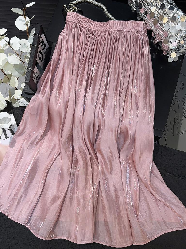 Pearlescent luster yarn pleated pleated skirt summer women medium and long hanging high waist a word 2025 new