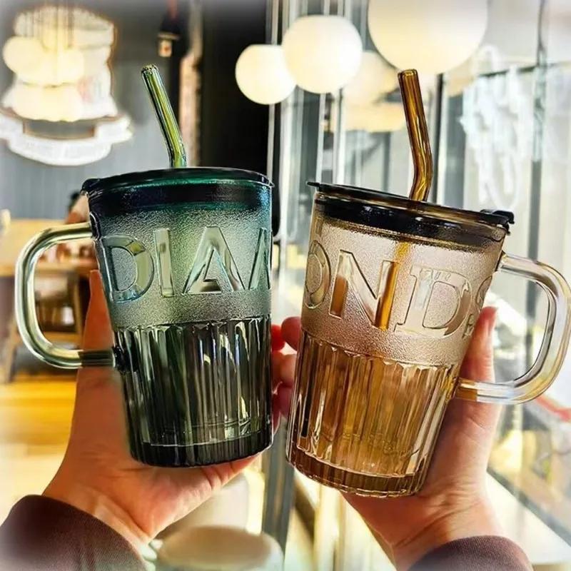 1/3/5PCS Straw Cup Glass Water Cup for Girls Handle with Lid Transparent Embossed Cup Men's New Home Office Milk Glass