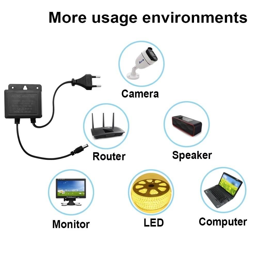 DC12V 2A Adapter Camera Power Supply Waterproof EU Plug Power Adapter AC100V-240V Input Black Camera Charger Outdoor