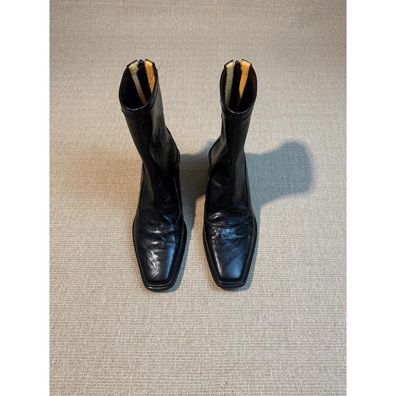 Washed Cowhide Wedge Heel Thick Bottom Heightening Leather Elastic Thin Boots Women's Head Leather Boots Retro Versatile Short Boots