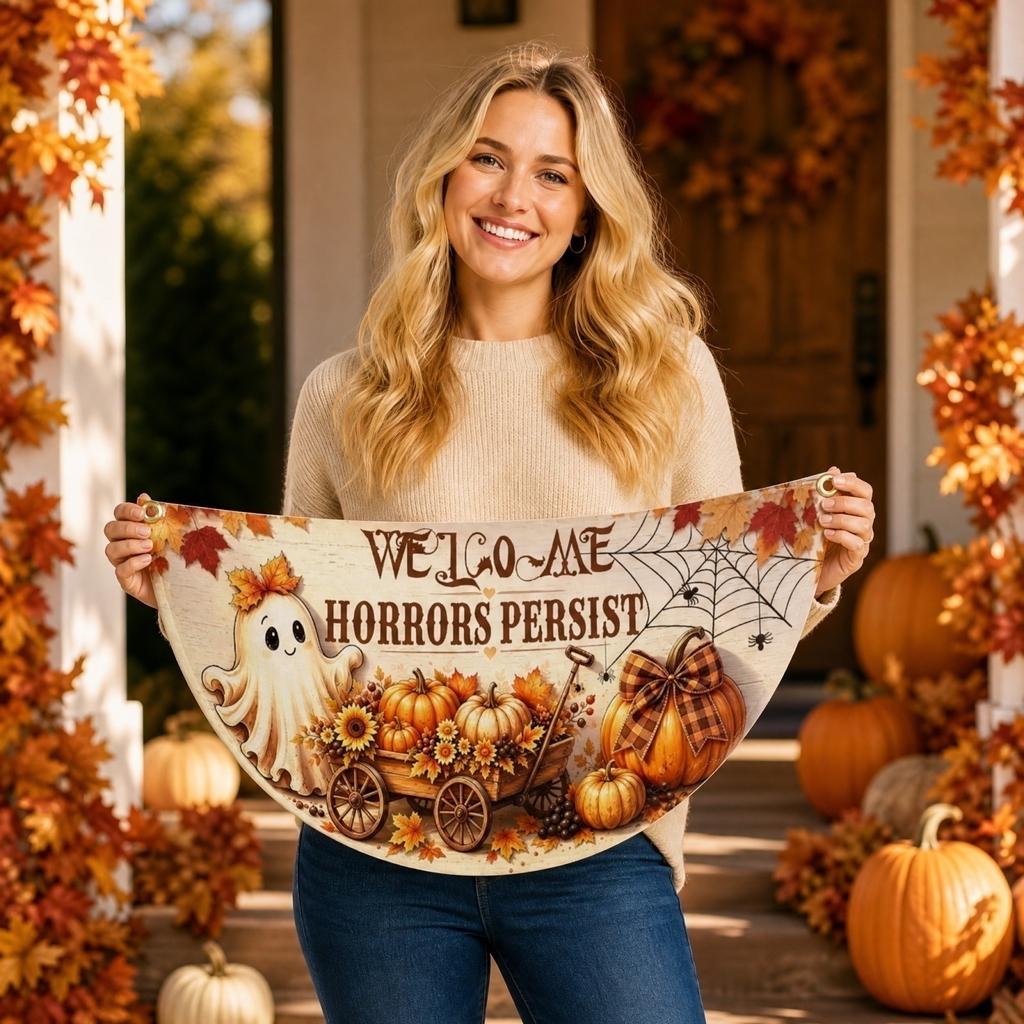 2 Pack Halloween Half Circle Pumpkin Fan Shaped Flags with Clips for Outdoor Garden Decor
