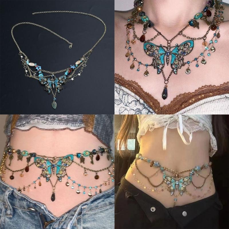 Chaîne de taille élégante à breloque papillon à plusieurs couches avec pompons, chaîne de corps ajustable, accessoire de mode pour les fêtes
