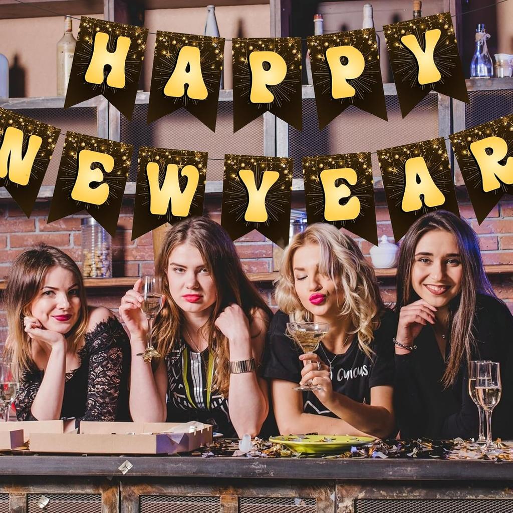 Happy New Year 2026 Banner - Black and Gold Metallic Hanging Bunting Sign with Lettering for New Years Eve Party Decor, Holiday Celebration Backdrop