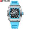 CURREN 8438 Nouvelle Montre Carrée Lumineuse pour Hommes Cadran Semi-Creux Auto Dateur Sport Casual Bracelet en Silicone Montres-bracelets
