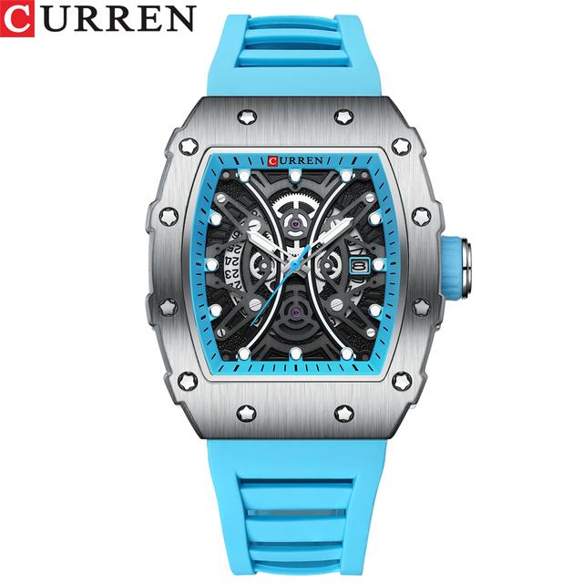 CURREN 8438 Nouvelle Montre Carrée Lumineuse pour Hommes Cadran Semi-Creux Auto Dateur Sport Casual Bracelet en Silicone Montres-bracelets
