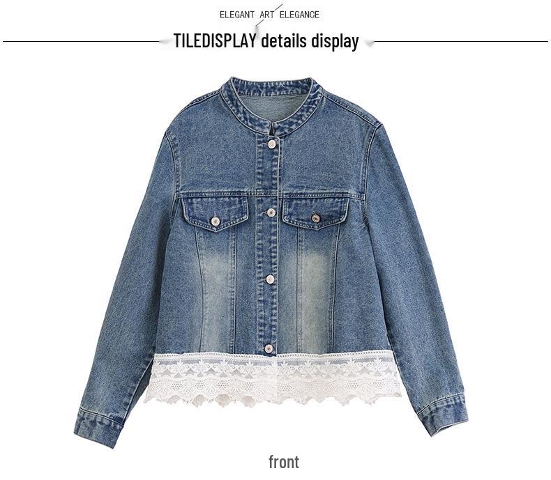 2025 Spring Women's Denim Jacket with Lace Patchwork and Stand Collar, Model OU6783