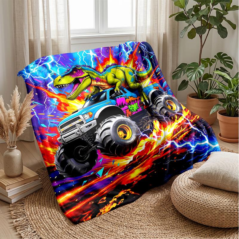 Dinosaur Monster Truck Adventure Blanket Personalized Name Flannel Blanket Soft Cozy Plush Throw for Sofa Bed Lightweight Home Decor