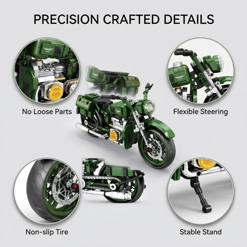Grüner Vintage-Motorrad-Bausatz, Technische Bauklötze für Motorräder, Heimdeko Ausstellungsmodell für Bastler