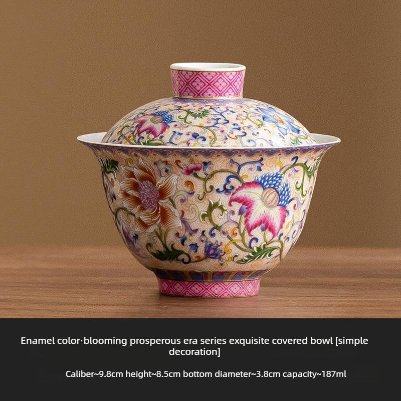 Cloisonne Enamel Gaiwan Chinese Tea Bowl Ceramic Heat Resistant with Lid Gongfu Tea Set Accessories Home Office Decoration 187ml