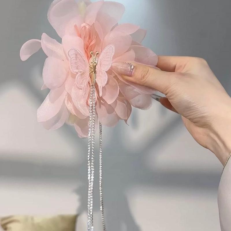 Elegante Temperament-Blumen-Haarklammer für Frauen und Mädchen, vielseitig, glänzend, mit Federquaste, Hai-Clip, Haarschmuck, Geschenke