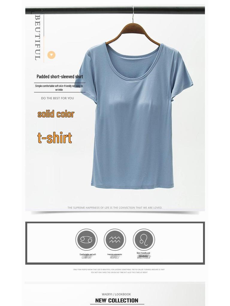 Damen Sommer T-Shirt mit gepolsterten Cups ohne Bügel und kurzen Ärmeln