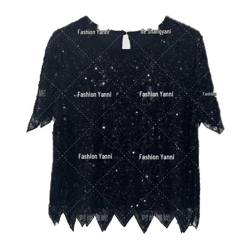 Versatile Sequin Beaded Short Sleeve Top - European & American Net Red Trend: Loose Fit & Slimming Round Neck for Women