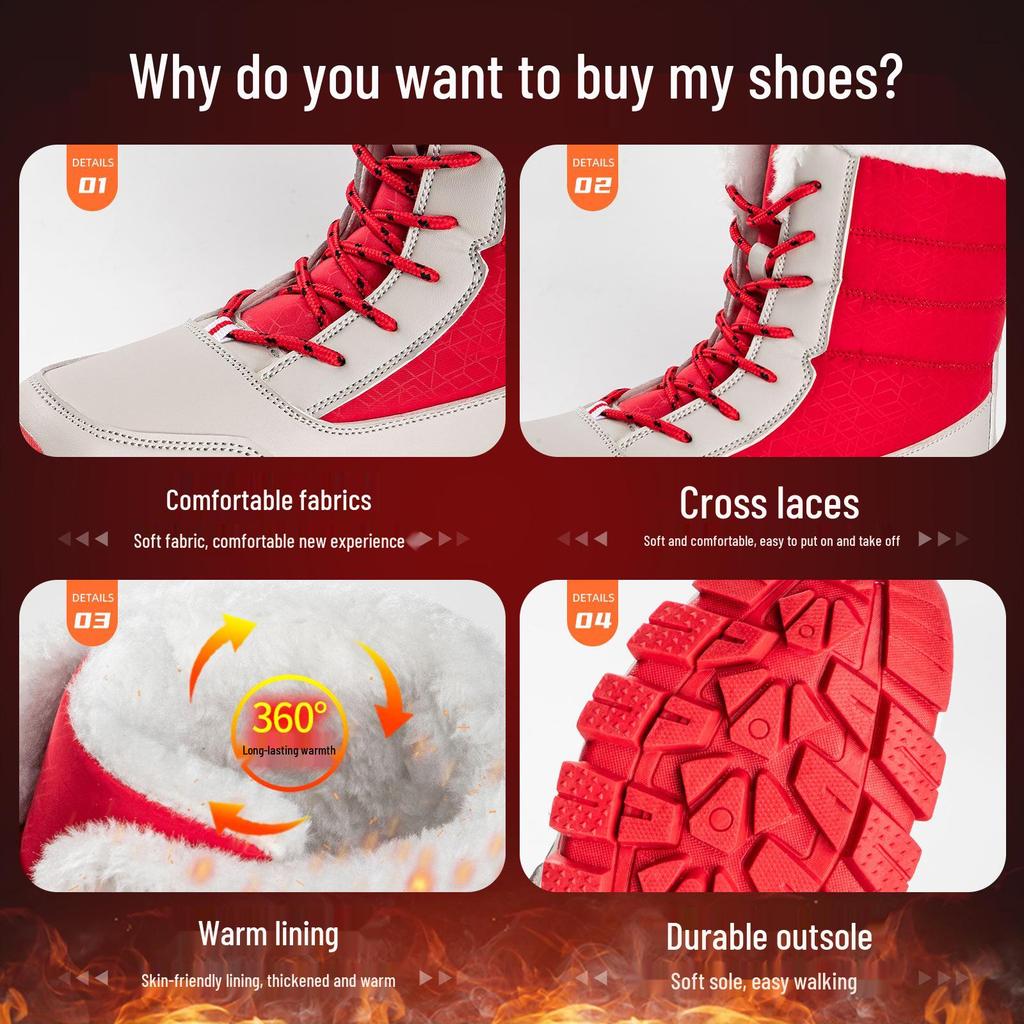 Women's High-Top Waterproof Lace-Up Snow Boots - Winter-Ready, Anti-Slip, Plus Velvet, Cotton, Thickened